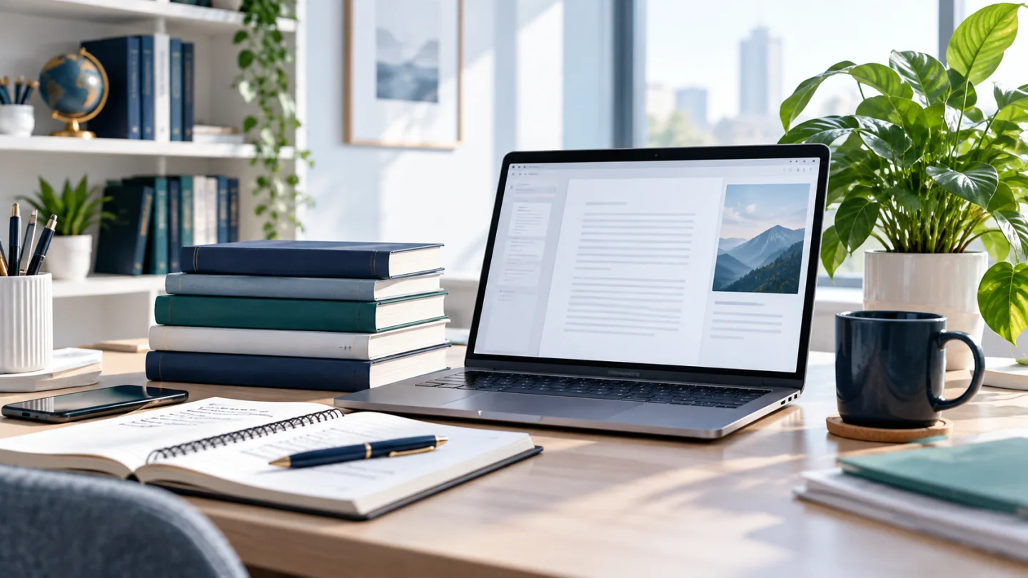 Meja kerja akademik dengan laptop, buku riset, catatan, dan tanaman